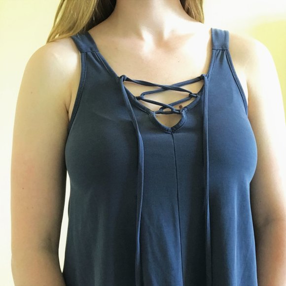 Excellent Cond. Navy Blue Tank Top Blouse Strappy - Picture 2 of 4